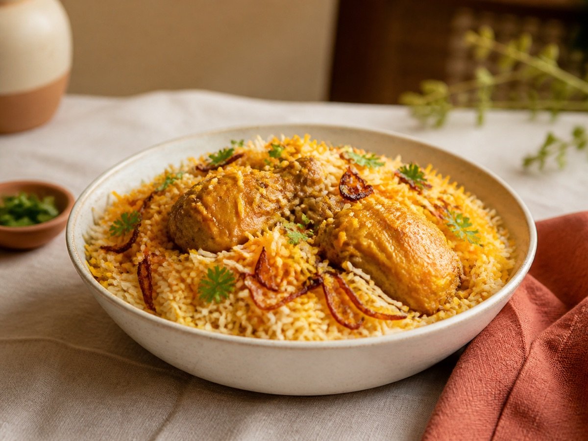Chicken biryani in a shallow ceramic bowl