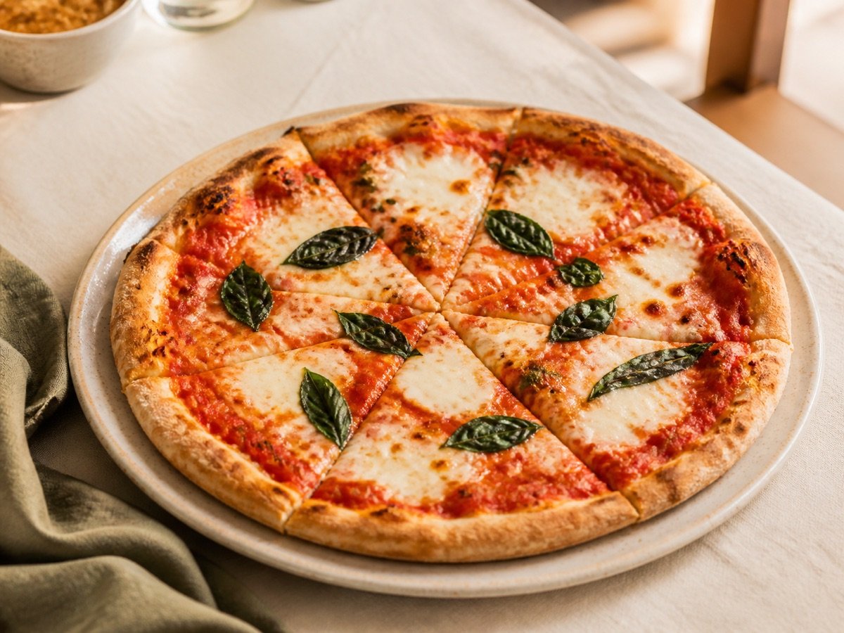 Margherita pizza on a cream ceramic plate