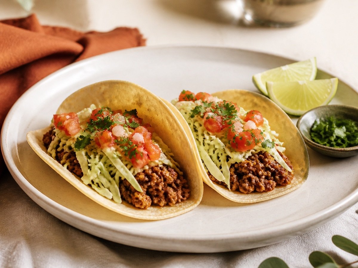 Two beef tacos with fresh toppings