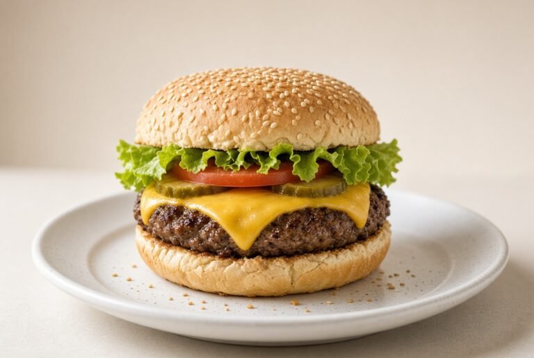 Cheeseburger with melted cheese, lettuce, tomato, and pickles on a sesame bun