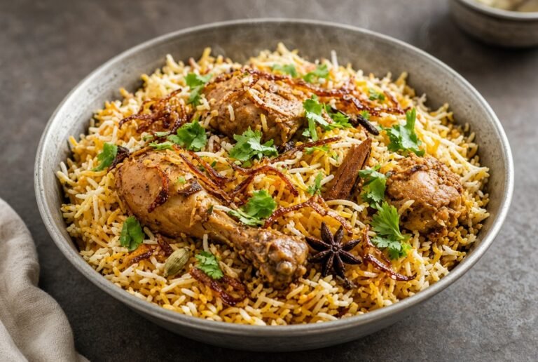 Chicken biryani with fragrant spiced rice, fried onions, and cilantro