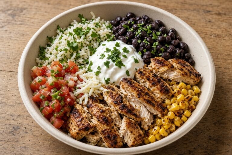 Burrito bowl with grilled chicken, rice, black beans, corn, salsa, and sour cream