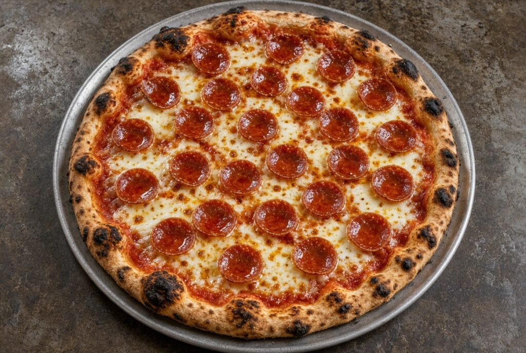 Pepperoni pizza with melted mozzarella and charred crust