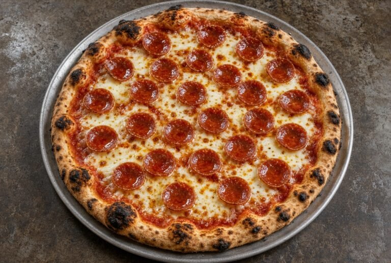 Pepperoni pizza with melted mozzarella and charred crust