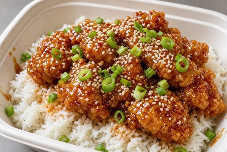 General Tso's chicken over white rice with sesame seeds and green onion
