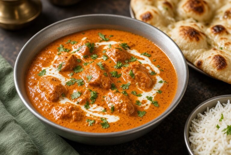 Butter chicken in creamy tomato sauce with rice and naan