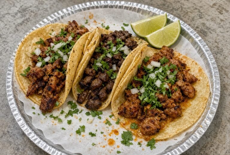 Street-style tacos with seasoned meat, onion, cilantro, and lime