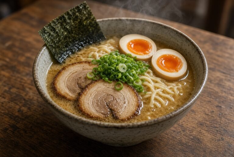 Bowl of ramen with chashu pork, soft-boiled egg, green onions, and nori