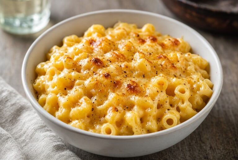 Creamy baked mac and cheese in a white bowl