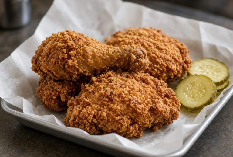 Crispy fried chicken pieces with pickle slices