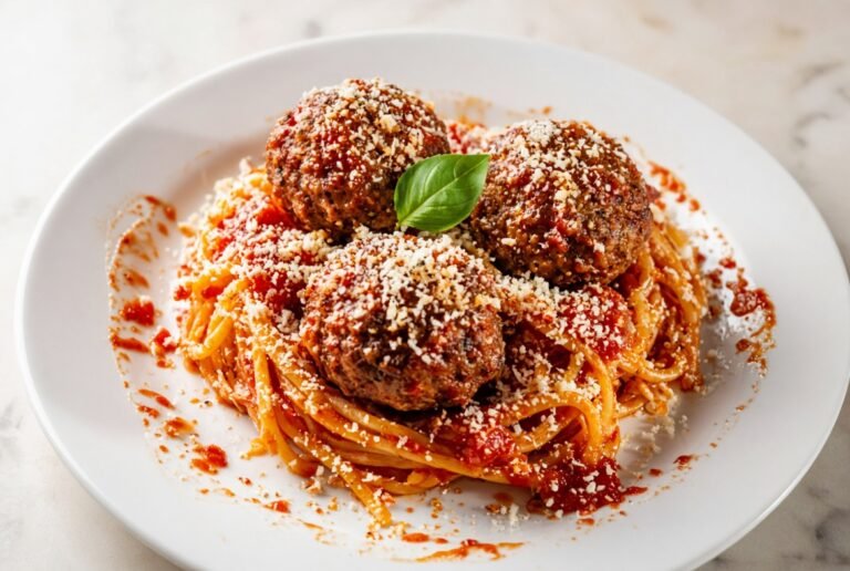 Spaghetti and meatballs with tomato sauce and grated cheese