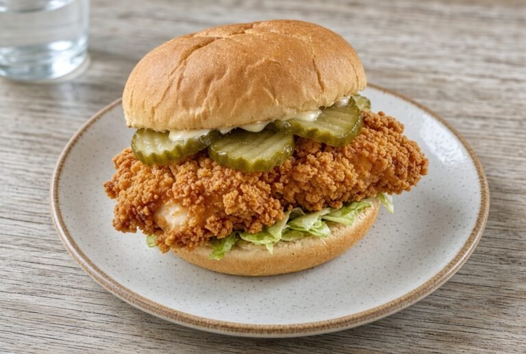 Crispy chicken sandwich with pickles and mayo on a soft bun