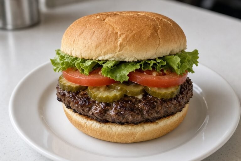 Classic hamburger with lettuce, tomato, and pickles on a soft bun