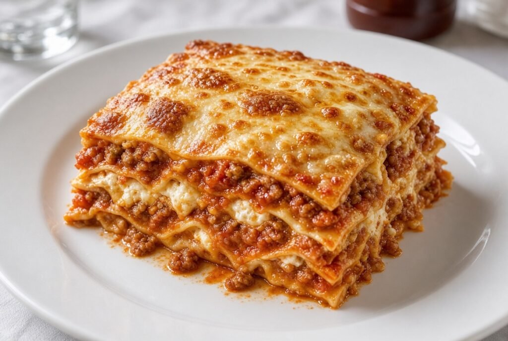 Meat lasagna with browned cheese and layered pasta