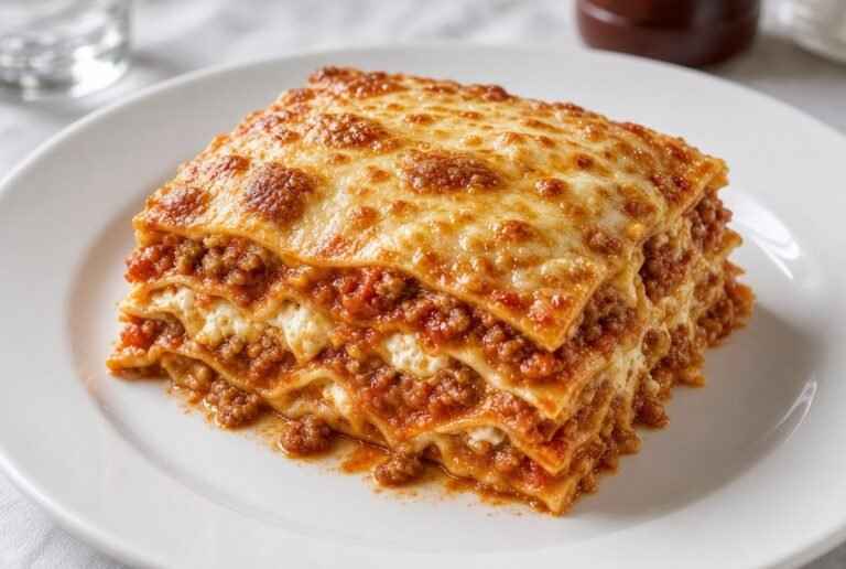 Meat lasagna with browned cheese and layered pasta