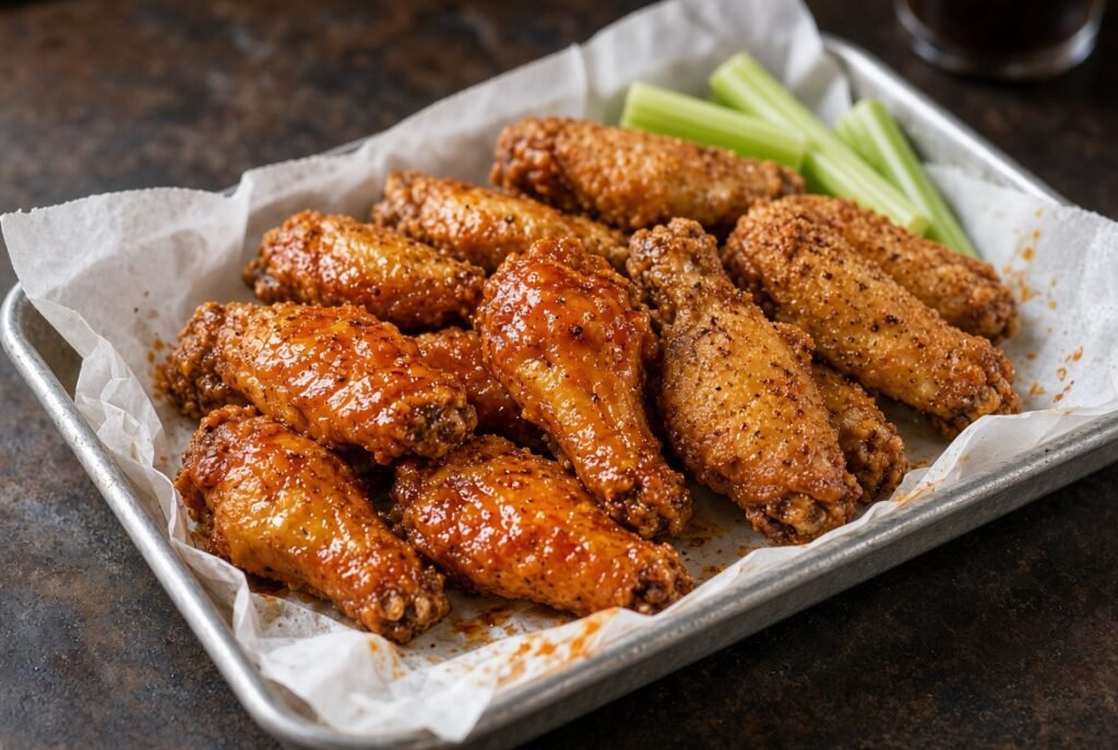 Crispy chicken wings on a tray with celery sticks