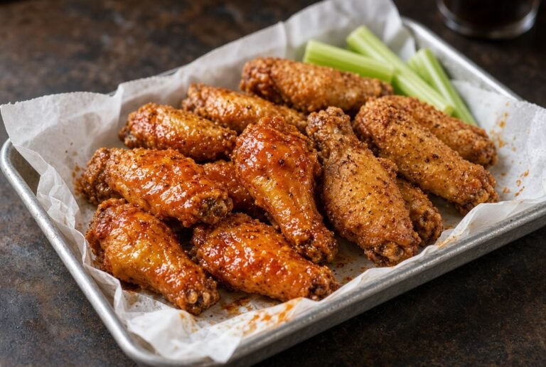 Crispy chicken wings on a tray with celery sticks