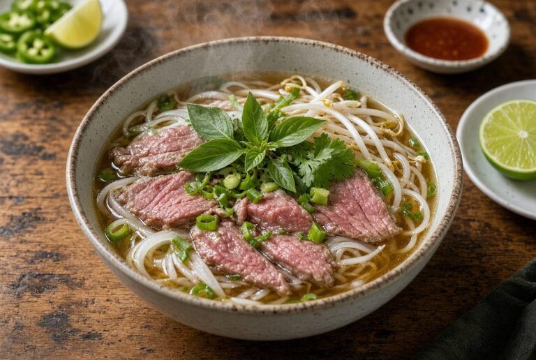 Vietnamese pho with beef, rice noodles, herbs, and steam