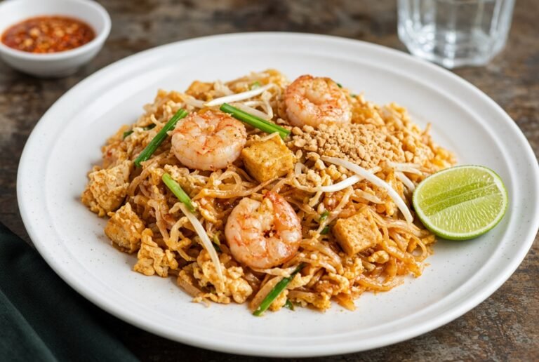 Pad Thai with shrimp, tofu, peanuts, and lime
