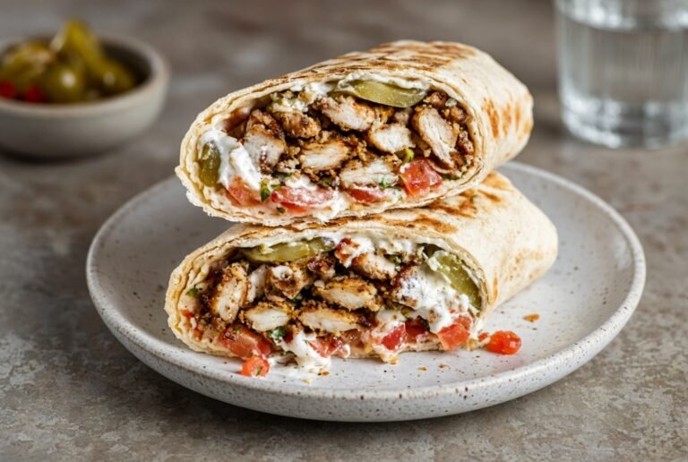 Chicken shawarma wrap cut in half with garlic sauce and vegetables
