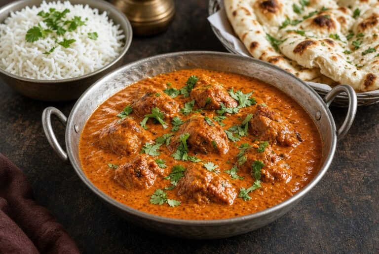 Chicken tikka masala in creamy sauce with rice and naan