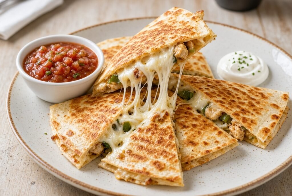 Cheese and chicken quesadilla with melted cheese stretch