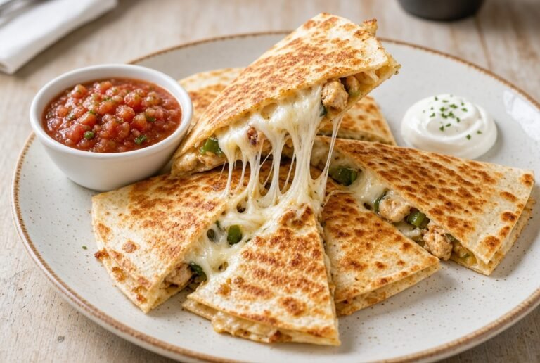 Cheese and chicken quesadilla with melted cheese stretch