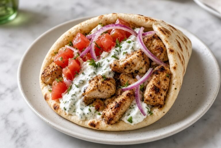 Chicken gyro in pita with tzatziki, tomato, and red onion