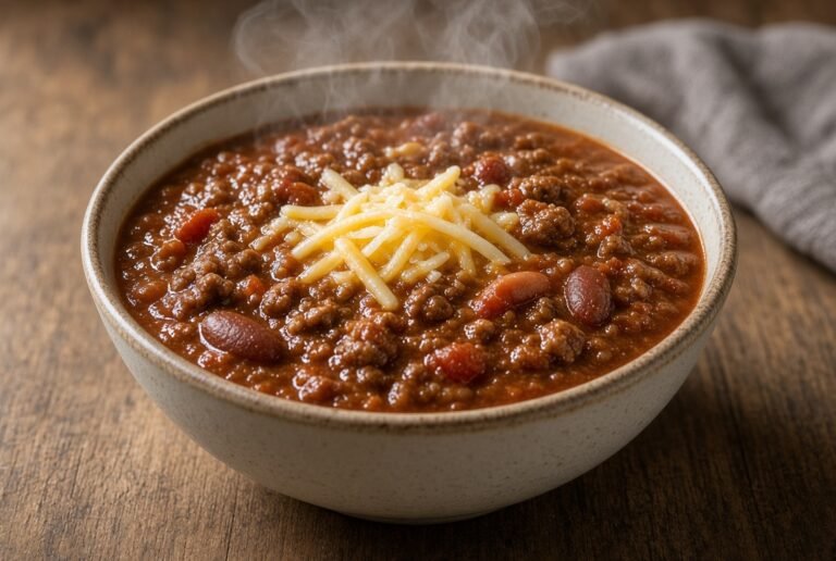 Beef chili with beans and shredded cheese