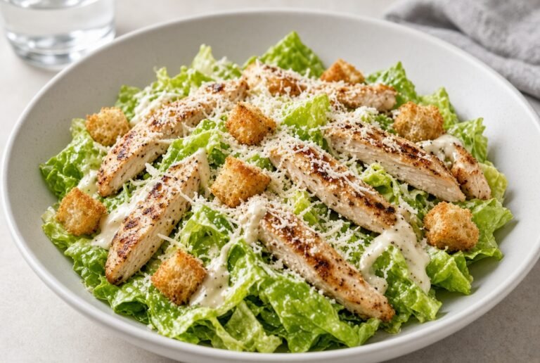 Chicken Caesar salad with grilled chicken, croutons, and parmesan