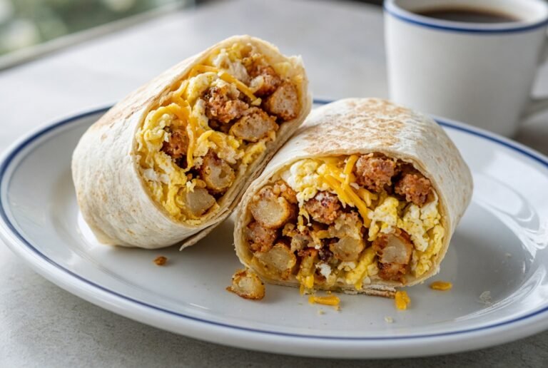Breakfast burrito with eggs, sausage, potatoes, and cheese