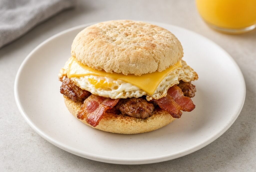 Breakfast sandwich with egg, cheese, bacon, and sausage on an English muffin