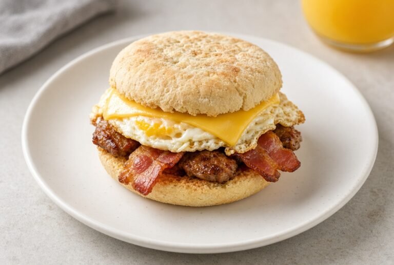 Breakfast sandwich with egg, cheese, bacon, and sausage on an English muffin