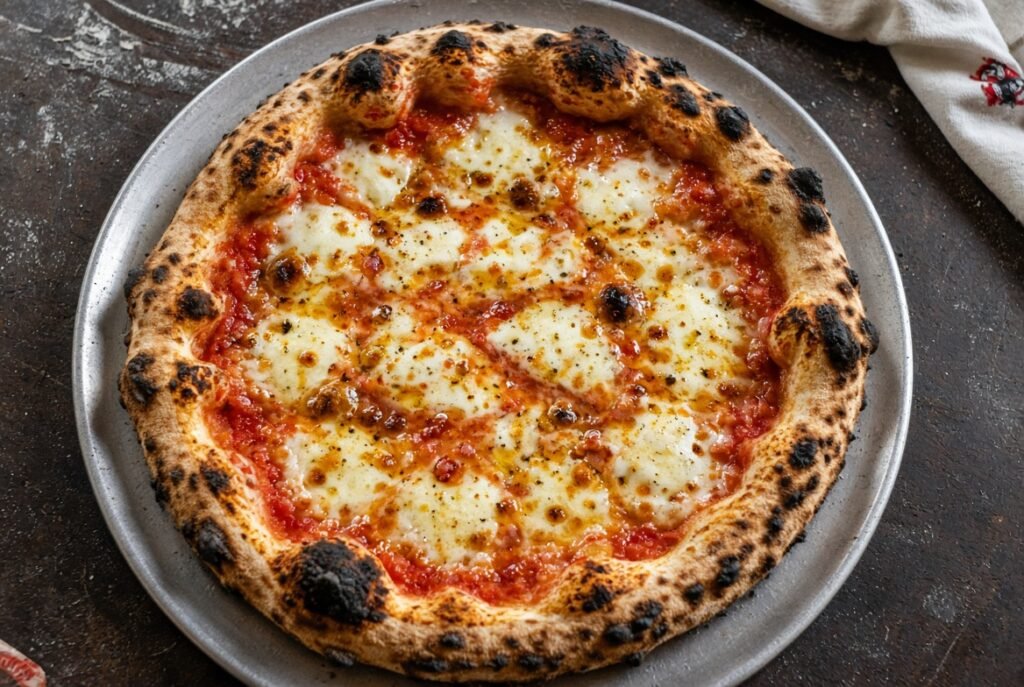 Cheese pizza with melted mozzarella and blistered crust