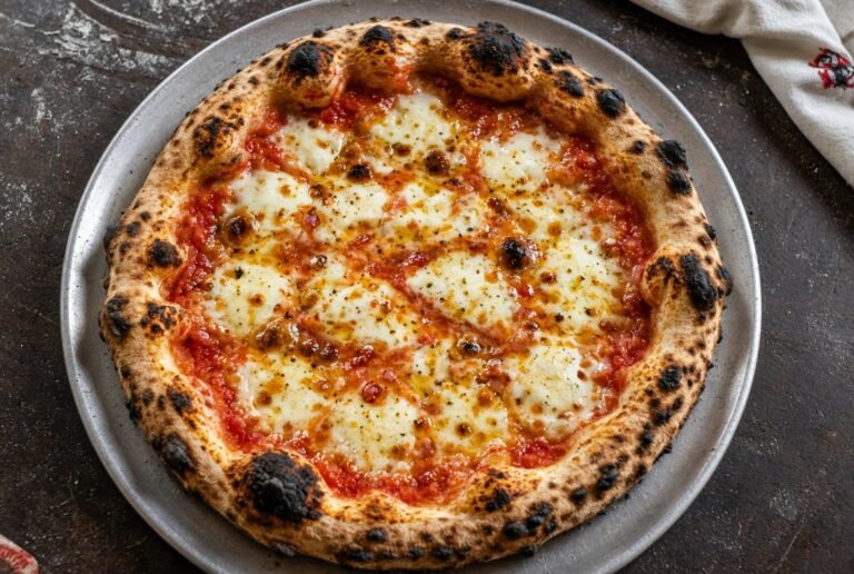 Cheese pizza with melted mozzarella and blistered crust