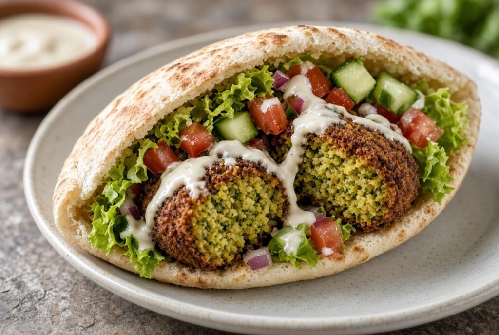 Falafel pita with tahini, lettuce, tomato, and cucumber