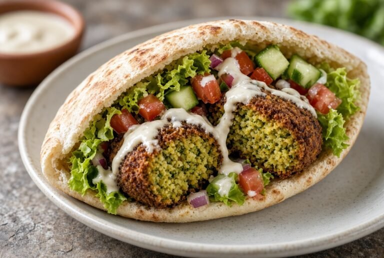 Falafel pita with tahini, lettuce, tomato, and cucumber