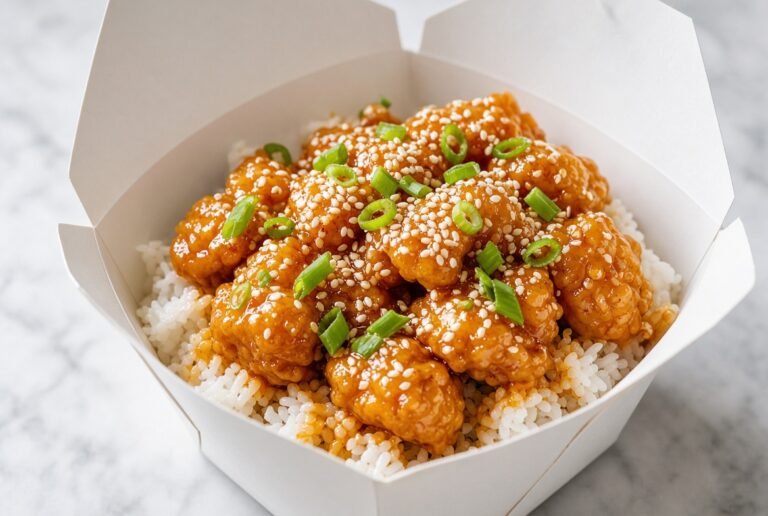 Orange chicken over white rice in a takeout container