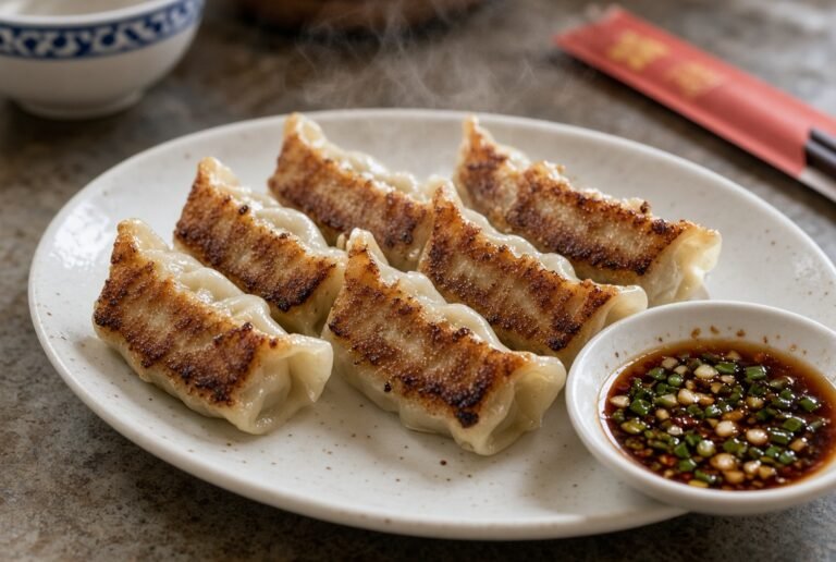 Pan-fried dumplings with dipping sauce