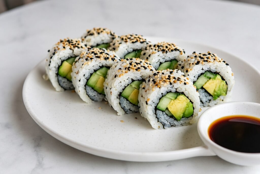 Sushi roll with avocado and cucumber, soy sauce on the side