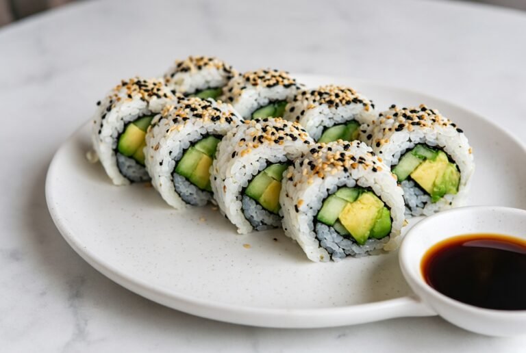 Sushi roll with avocado and cucumber, soy sauce on the side