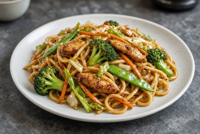 Lo mein noodles with chicken and vegetables