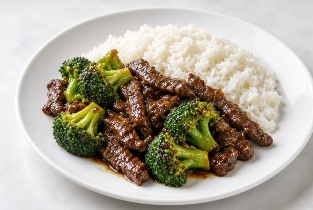 Beef and broccoli with white rice