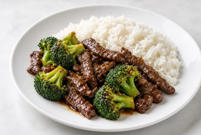 Beef and broccoli with white rice