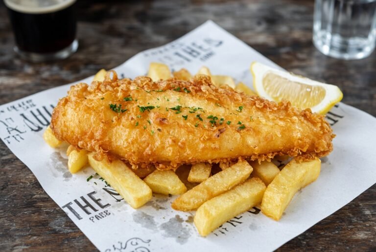 Battered fish and chips with a lemon wedge