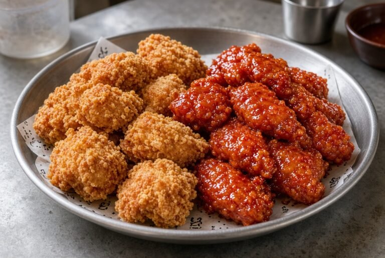 Korean fried chicken, half plain and half sauced