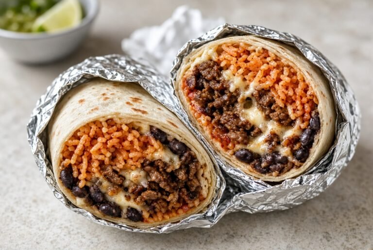 Flour tortilla burrito with rice, beans, and meat