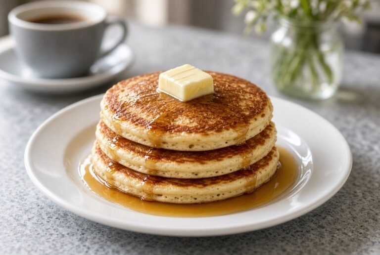 Stack of buttermilk pancakes with butter and maple syrup