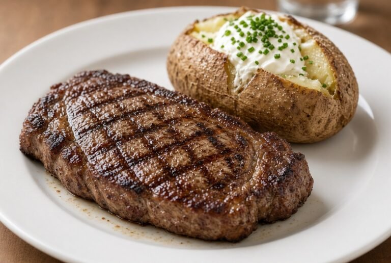 Grilled steak with baked potato and sour cream