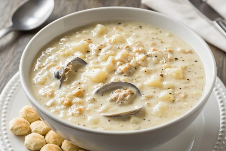 New England clam chowder with oyster crackers